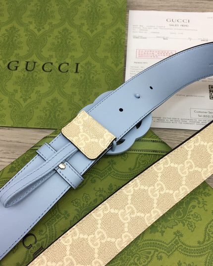 Gucci GG Marmont Wide Belt 400593 – Supreme Canvas with Pale Blue Leather