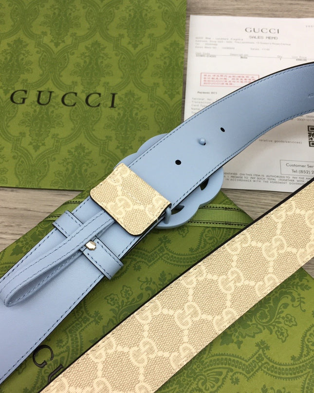 Gucci GG Marmont Wide Belt 400593 – Supreme Canvas with Pale Blue Leather
