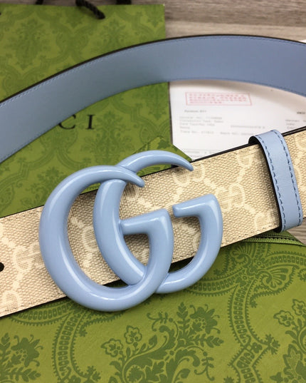 Gucci GG Marmont Wide Belt 400593 – Supreme Canvas with Pale Blue Leather