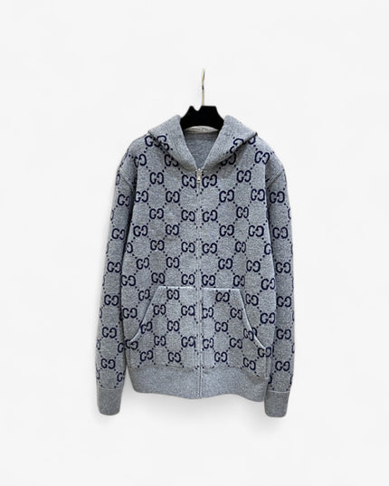 Gucci GG Monogram Knit Hoodie – Grey- Navy