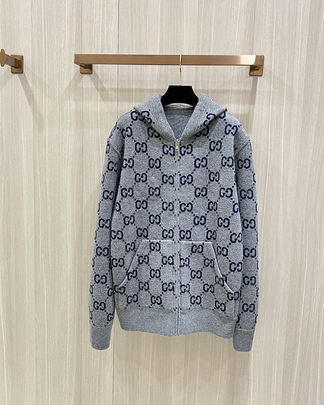 Gucci GG Monogram Knit Hoodie – Grey- Navy
