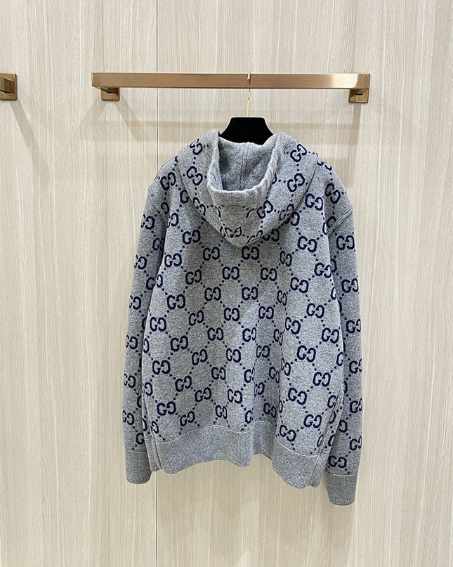 Gucci GG Monogram Knit Hoodie – Grey- Navy