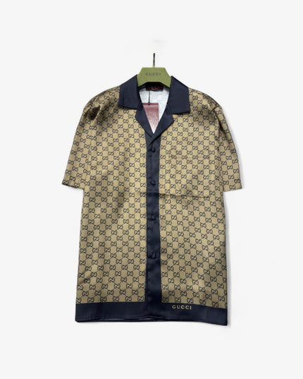 Gucci GG Monogram Silk Bowling SweatShirt – Beige/Navy