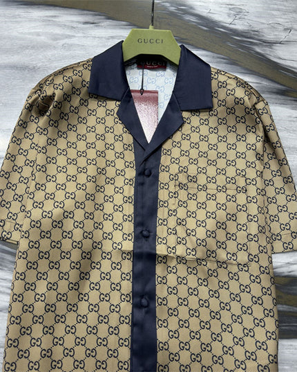 Gucci GG Monogram Silk Bowling SweatShirt – Beige/Navy