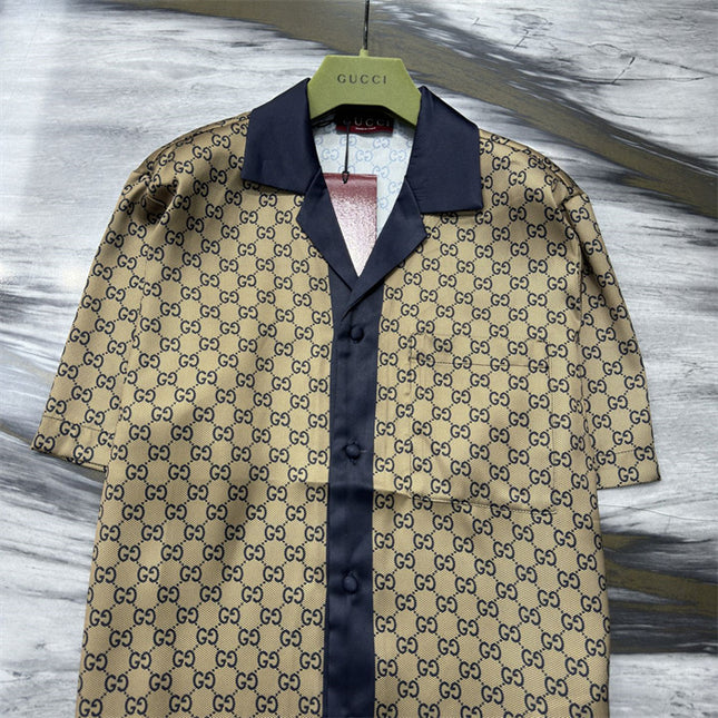 Gucci GG Monogram Silk Bowling SweatShirt – Beige/Navy