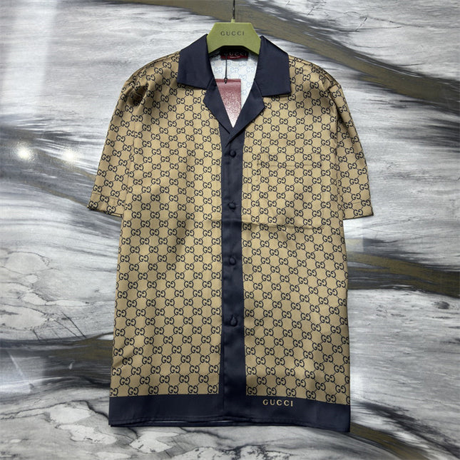 Gucci GG Monogram Silk Bowling SweatShirt – Beige/Navy