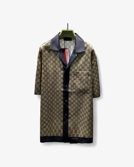 Gucci GG Monogram Silk Bowling SweatShirt – Beige/Navy (Longer Cut)