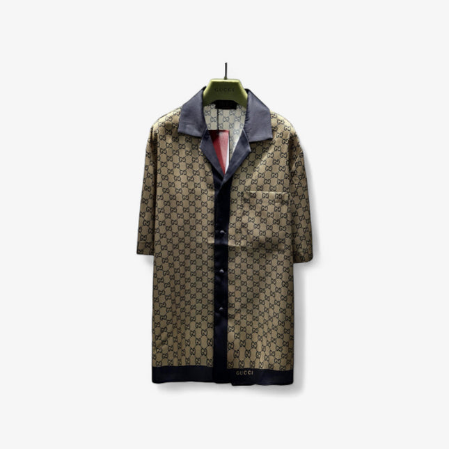 Gucci GG Monogram Silk Bowling SweatShirt – Beige/Navy (Longer Cut)