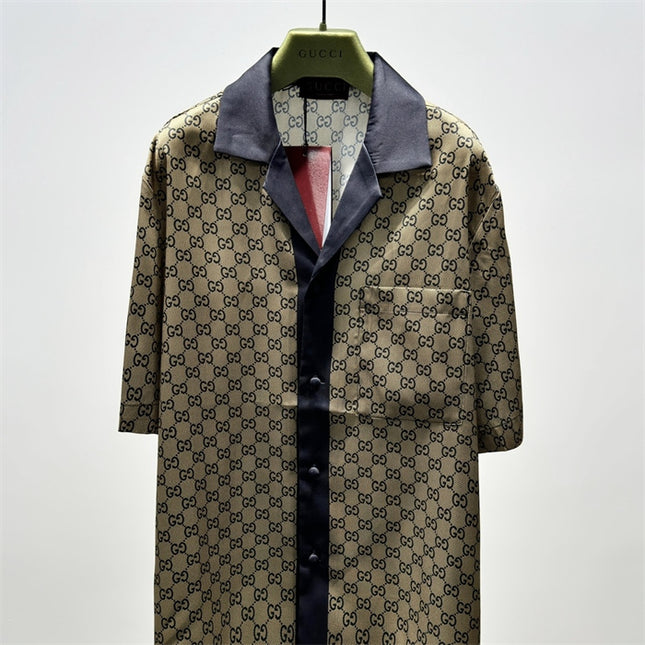 Gucci GG Monogram Silk Bowling SweatShirt – Beige/Navy (Longer Cut)