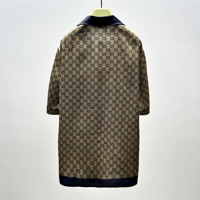 Gucci GG Monogram Silk Bowling SweatShirt – Beige/Navy (Longer Cut)