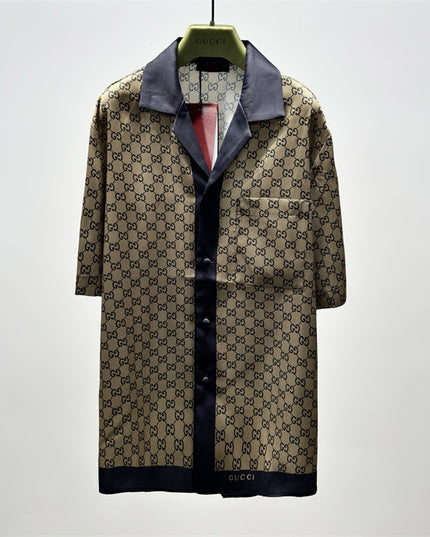 Gucci GG Monogram Silk Bowling SweatShirt – Beige/Navy (Longer Cut)