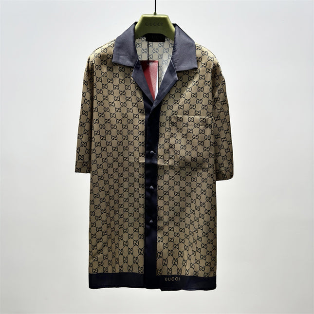 Gucci GG Monogram Silk Bowling SweatShirt – Beige/Navy (Longer Cut)