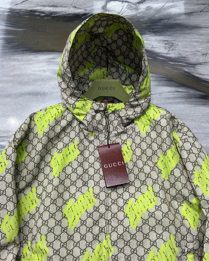 Gucci GG Motif Neon‑Print Tubular Jersey Hoodie Jacket