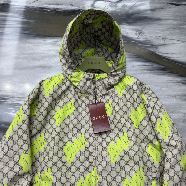 Gucci GG Motif Neon‑Print Tubular Jersey Hoodie Jacket