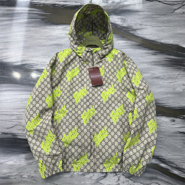 Gucci GG Motif Neon‑Print Tubular Jersey Hoodie Jacket