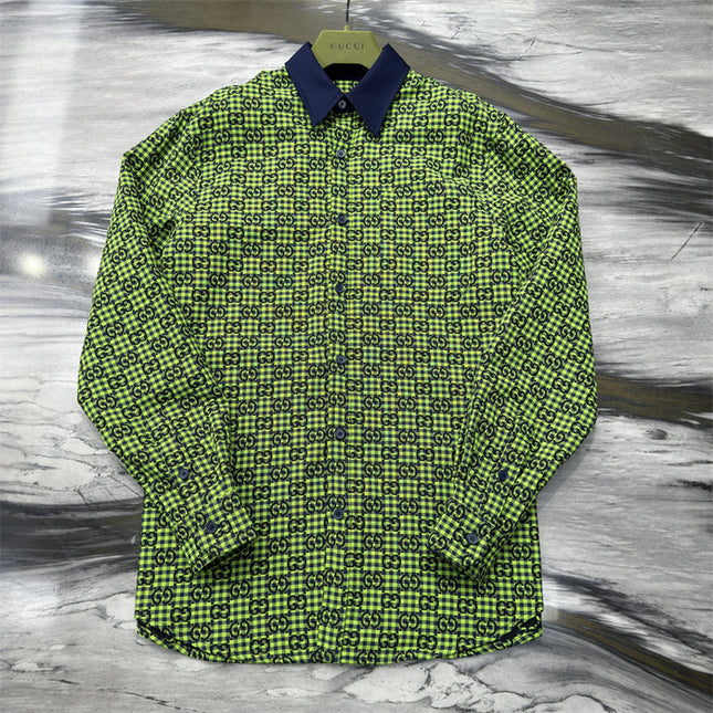 Gucci GG Neon Jacquard Bowling Shirt with Contrasting Collar