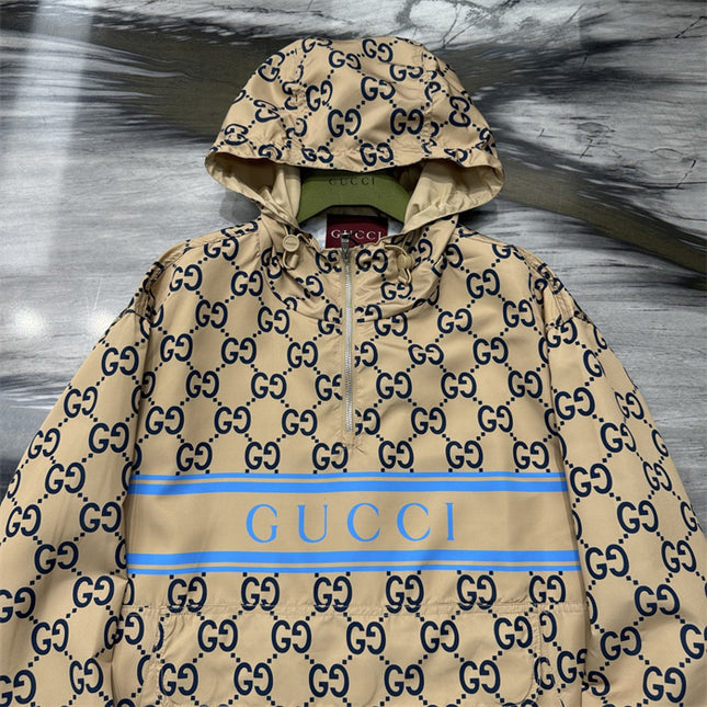 Gucci GG Nylon Logo Windbreaker Jacket – Beige/Blue