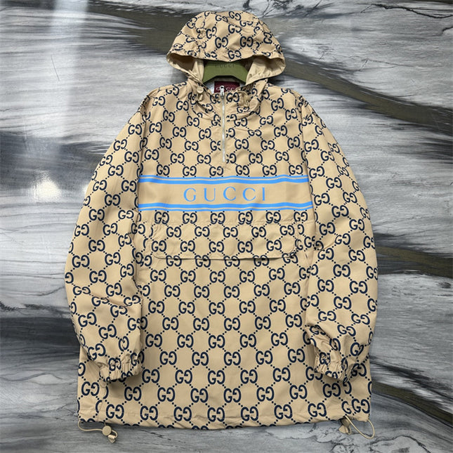 Gucci GG Nylon Logo Windbreaker Jacket – Beige/Blue