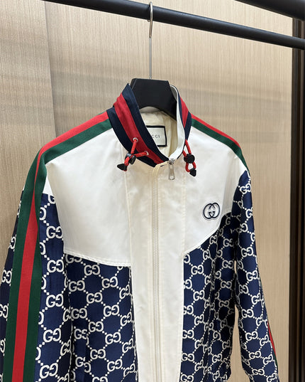 Gucci GG Nylon Track Jacket with Web Stripes – Navy & White
