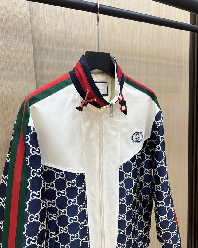 Gucci GG Nylon Track Jacket with Web Stripes – Navy & White