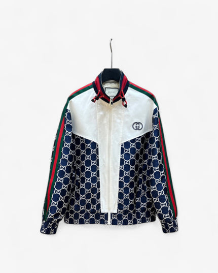 Gucci GG Nylon Track Jacket with Web Stripes – Navy & White