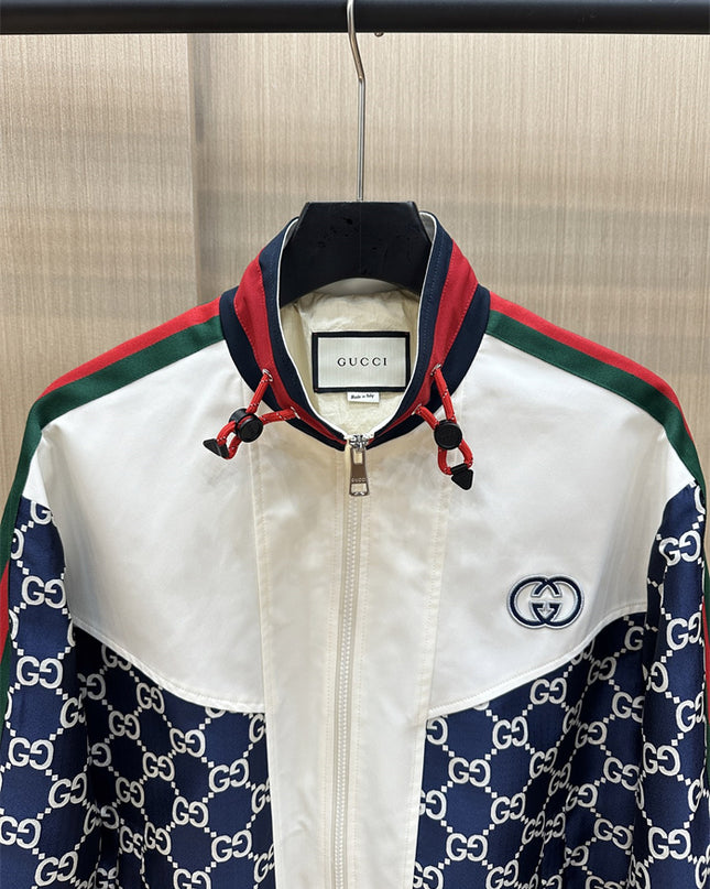 Gucci GG Nylon Track Jacket with Web Stripes – Navy & White