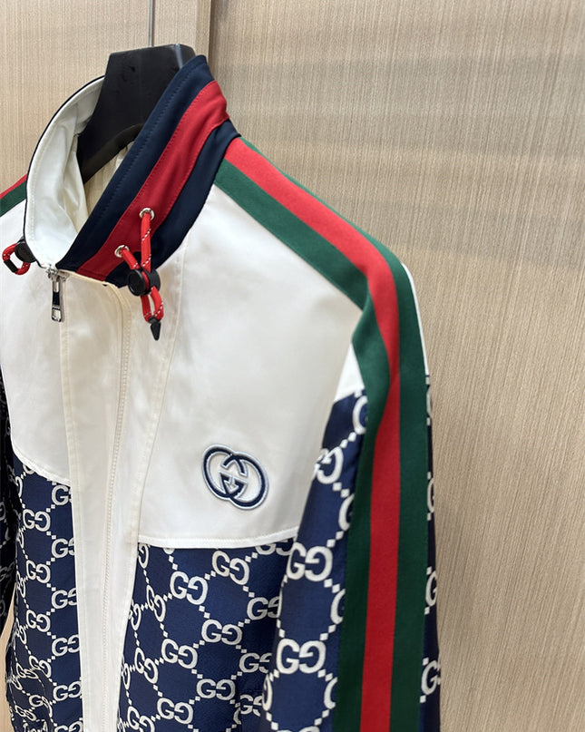 Gucci GG Nylon Track Jacket with Web Stripes – Navy & White