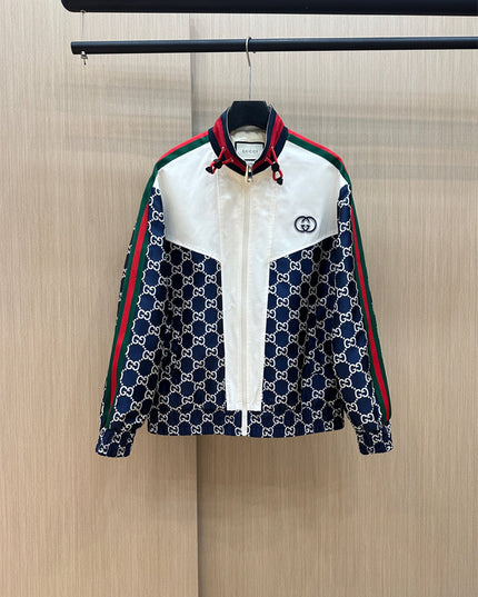Gucci GG Nylon Track Jacket with Web Stripes – Navy & White