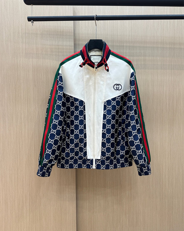 Gucci GG Nylon Track Jacket with Web Stripes – Navy & White