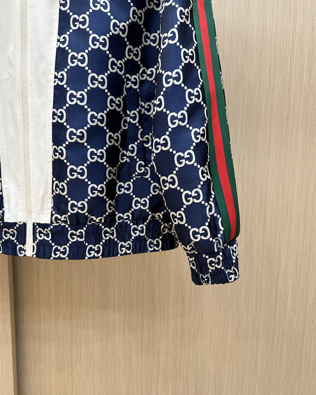 Gucci GG Nylon Track Jacket with Web Stripes – Navy & White