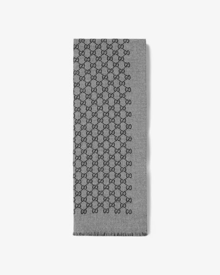 Gucci GG Pattern Wool Jacquard Scarf – Dark Grey & Black