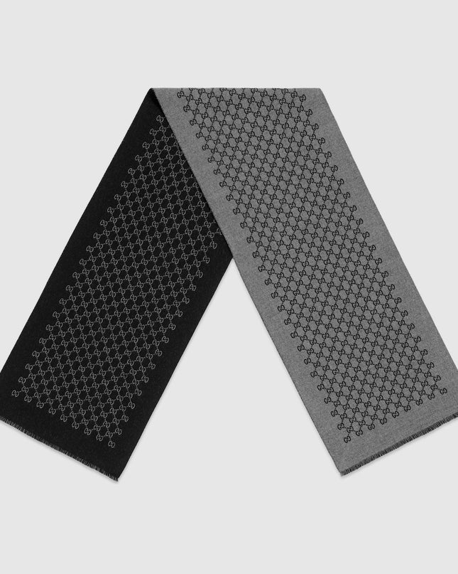 Gucci GG Pattern Wool Jacquard Scarf – Dark Grey & Black