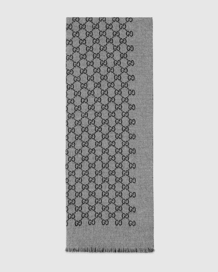 Gucci GG Pattern Wool Jacquard Scarf – Dark Grey & Black