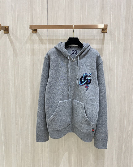 Gucci GG Snake Embroidered Zip Hoodie – Grey