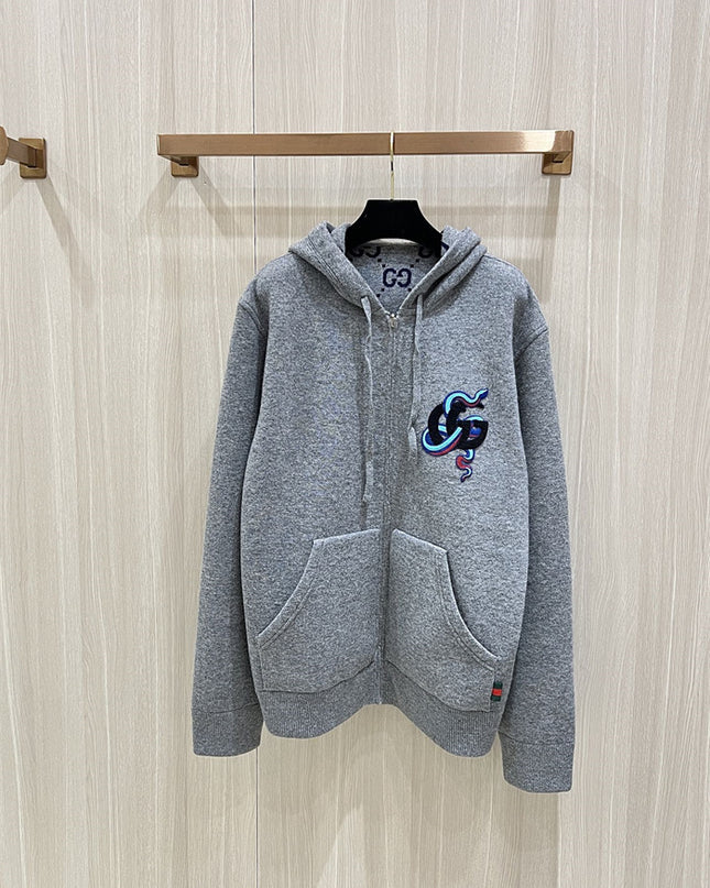 Gucci GG Snake Embroidered Zip Hoodie – Grey