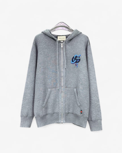 Gucci GG Snake Logo Zip Hoodie (Grey Cotton Jersey Sweatshirt)