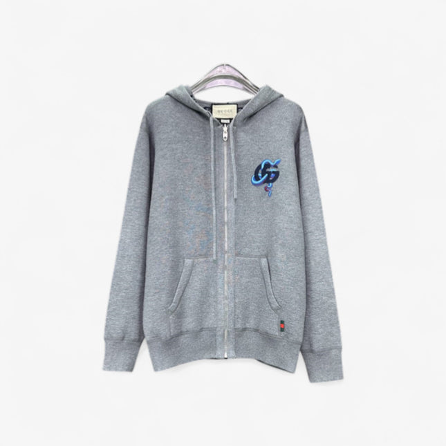 Gucci GG Snake Logo Zip Hoodie (Grey Cotton Jersey Sweatshirt)