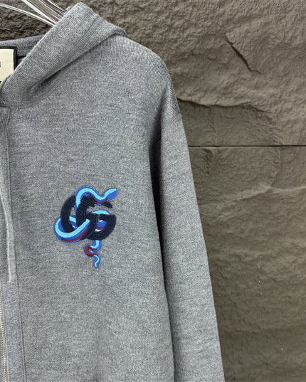 Gucci GG Snake Logo Zip Hoodie (Grey Cotton Jersey Sweatshirt)