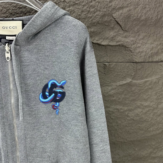 Gucci GG Snake Logo Zip Hoodie (Grey Cotton Jersey Sweatshirt)