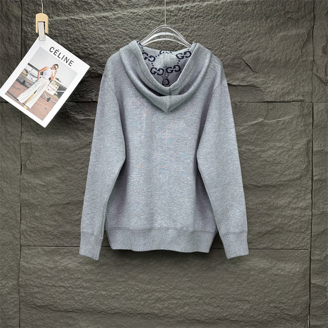 Gucci GG Snake Logo Zip Hoodie (Grey Cotton Jersey Sweatshirt)