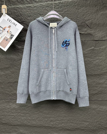 Gucci GG Snake Logo Zip Hoodie (Grey Cotton Jersey Sweatshirt)