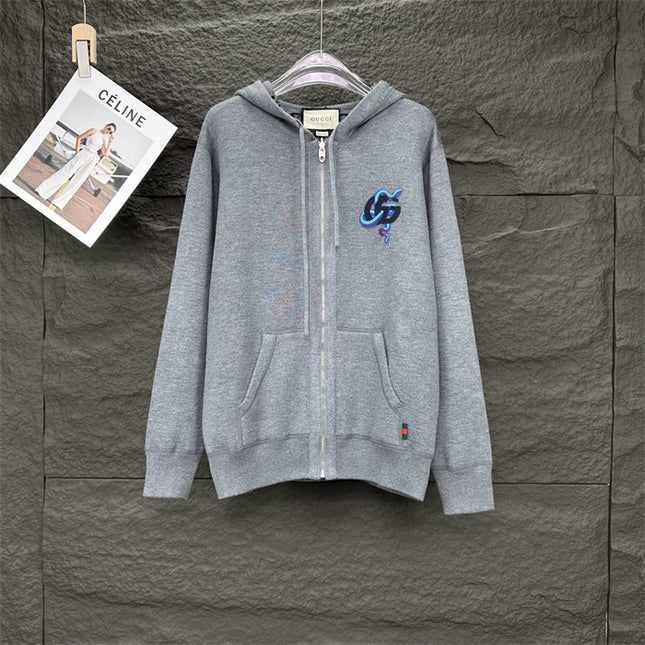 Gucci GG Snake Logo Zip Hoodie (Grey Cotton Jersey Sweatshirt)