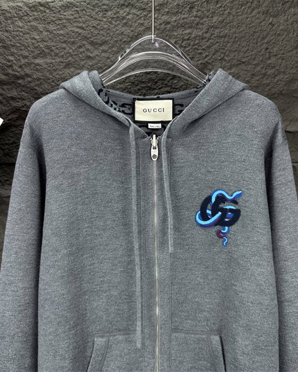 Gucci GG Snake Logo Zip Hoodie (Grey Cotton Jersey Sweatshirt)