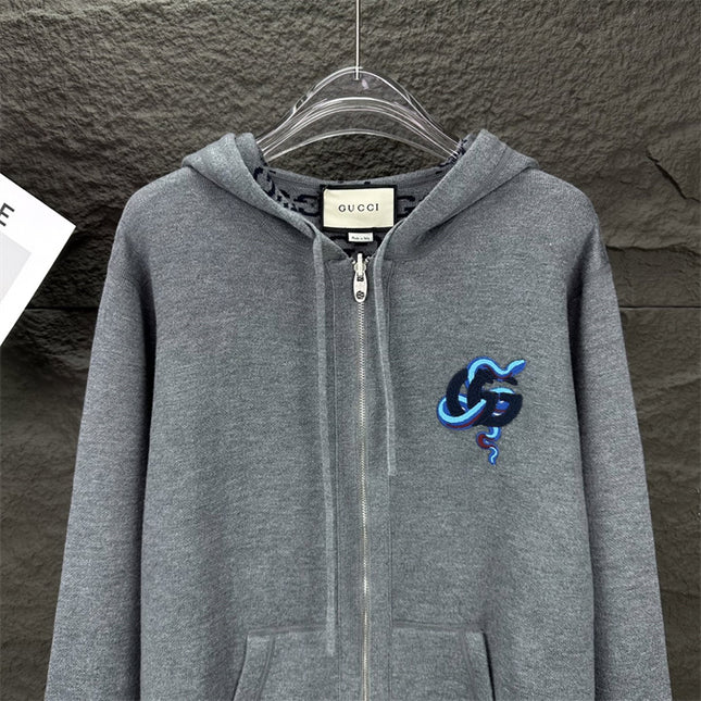 Gucci GG Snake Logo Zip Hoodie (Grey Cotton Jersey Sweatshirt)