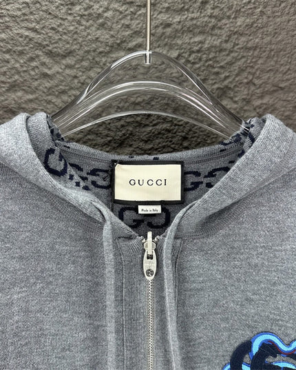 Gucci GG Snake Logo Zip Hoodie (Grey Cotton Jersey Sweatshirt)