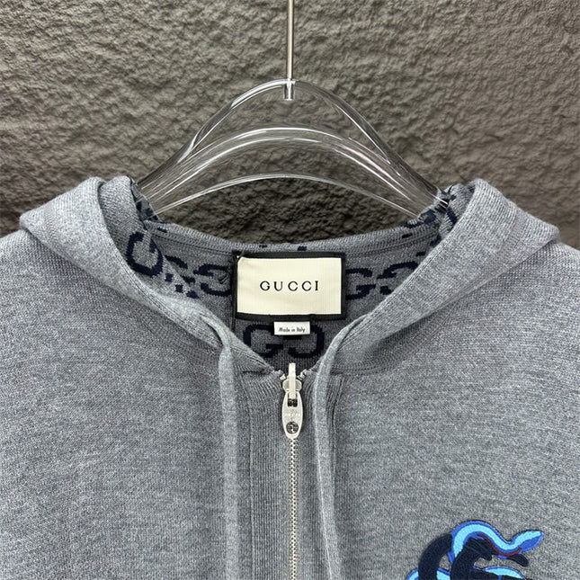 Gucci GG Snake Logo Zip Hoodie (Grey Cotton Jersey Sweatshirt)