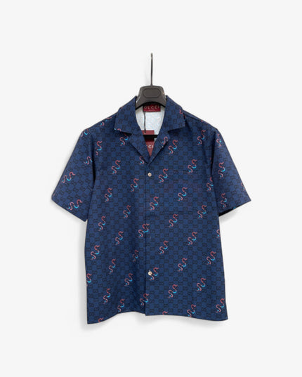 Gucci GG Supreme Silk Camp‑Collar Shirt with Snake Print