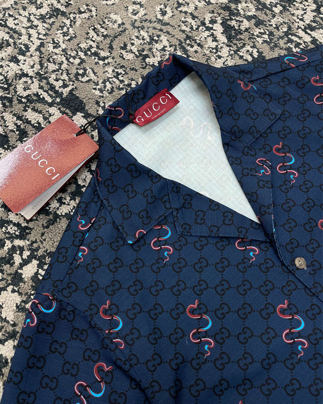 Gucci GG Supreme Silk Camp‑Collar Shirt with Snake Print