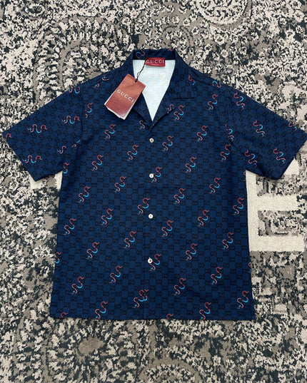 Gucci GG Supreme Silk Camp‑Collar Shirt with Snake Print