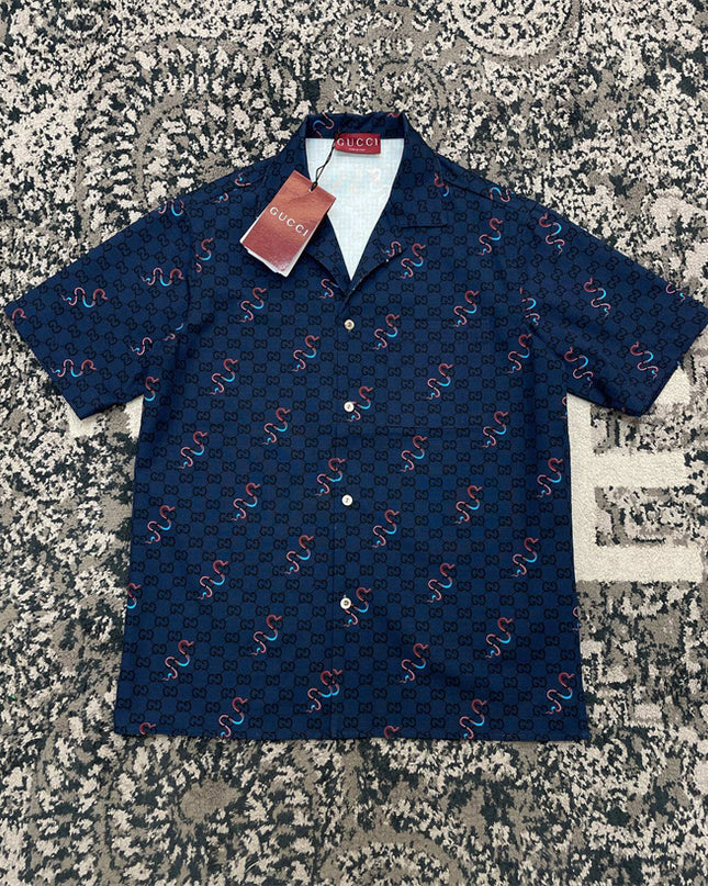 Gucci GG Supreme Silk Camp‑Collar Shirt with Snake Print